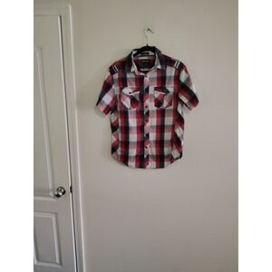 Helix Womens Red Black Plaid Short Sleeve Button Down Athletic Fit Shirt Medium